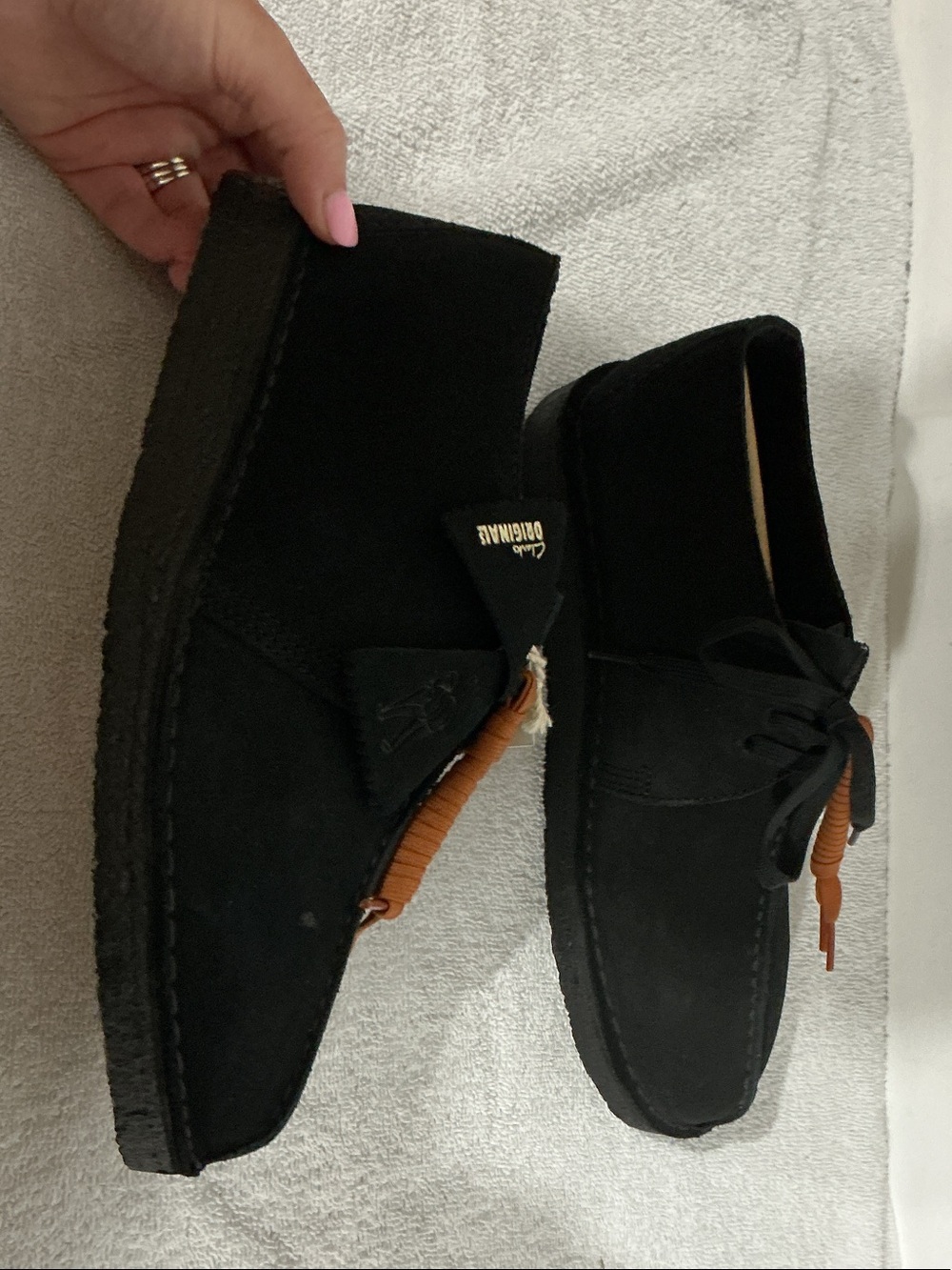 Clarks Black Suede Chukka Boots with Tan Lace Accents